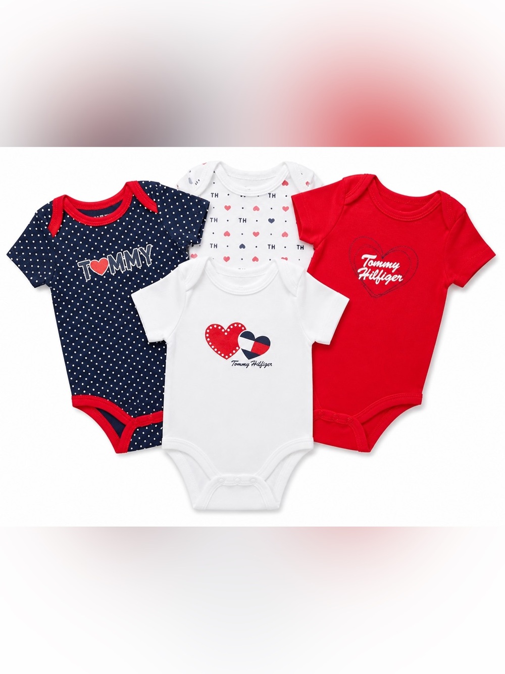 Tommy Hilfiger Baby 4-Pack Heart One-Piece Bodysuits - Red, White, Navy 3-6 mon